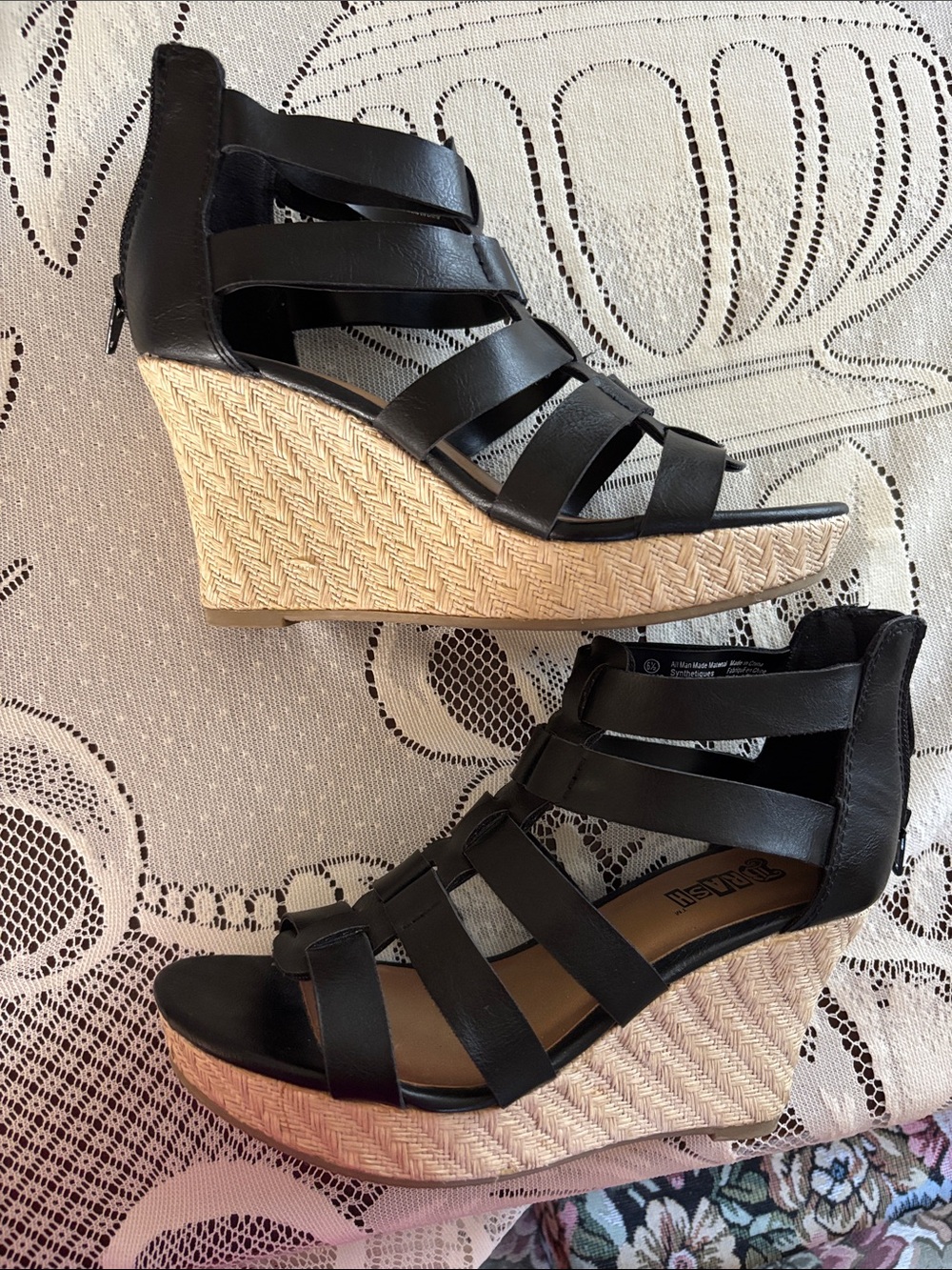 Brash Black Strappy Espadrille Wedge Sandals